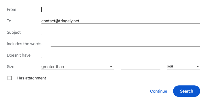 Gmail's filter criteria form with the support address entered in the To field
