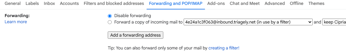 Gmail's Forwarding and POP/IMAP tab with the Triagely address added and 'Add a forwarding address' button