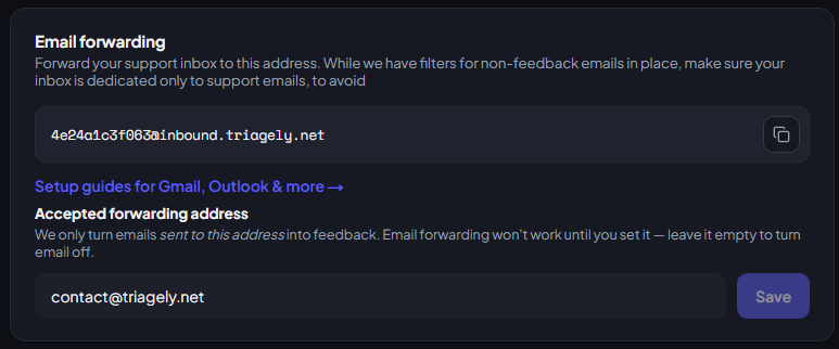 Settings → Email forwarding: the project's inbound address with a copy button, and the accepted forwarding address field below