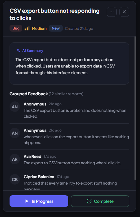 A Triagely ticket, 'CSV export button not responding to clicks', tagged Bug and Medium priority, with an AI summary and a 'Grouped Feedback (12 similar reports)' list showing several separate reports of the same issue merged into one ticket.